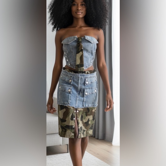Upcycled Dresses & Skirts - Upcycled Camouflage and Denim Skirt set size L
